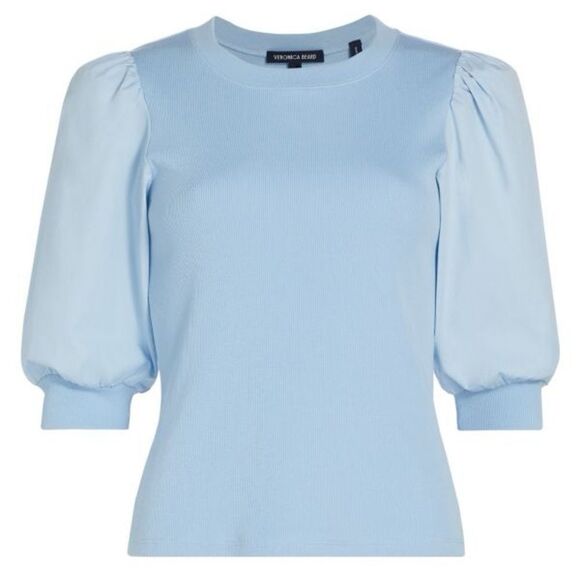 Veronica Beard Coralee Crewneck Top Cotton Rib Knit Puff Sleeve Lake Blue Large - Picture 4 of 12